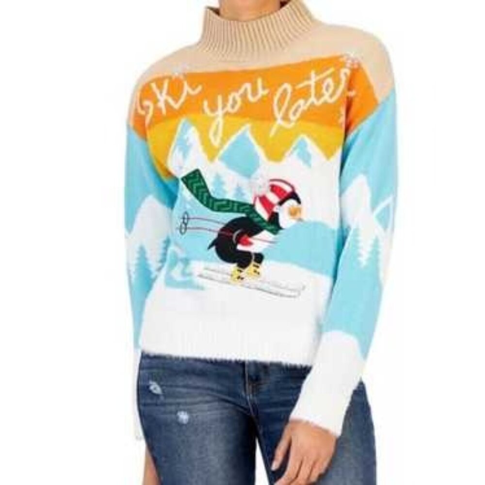 Major Label Group Ski You Later Penguin Knit Women Sweater Size Medium Winter